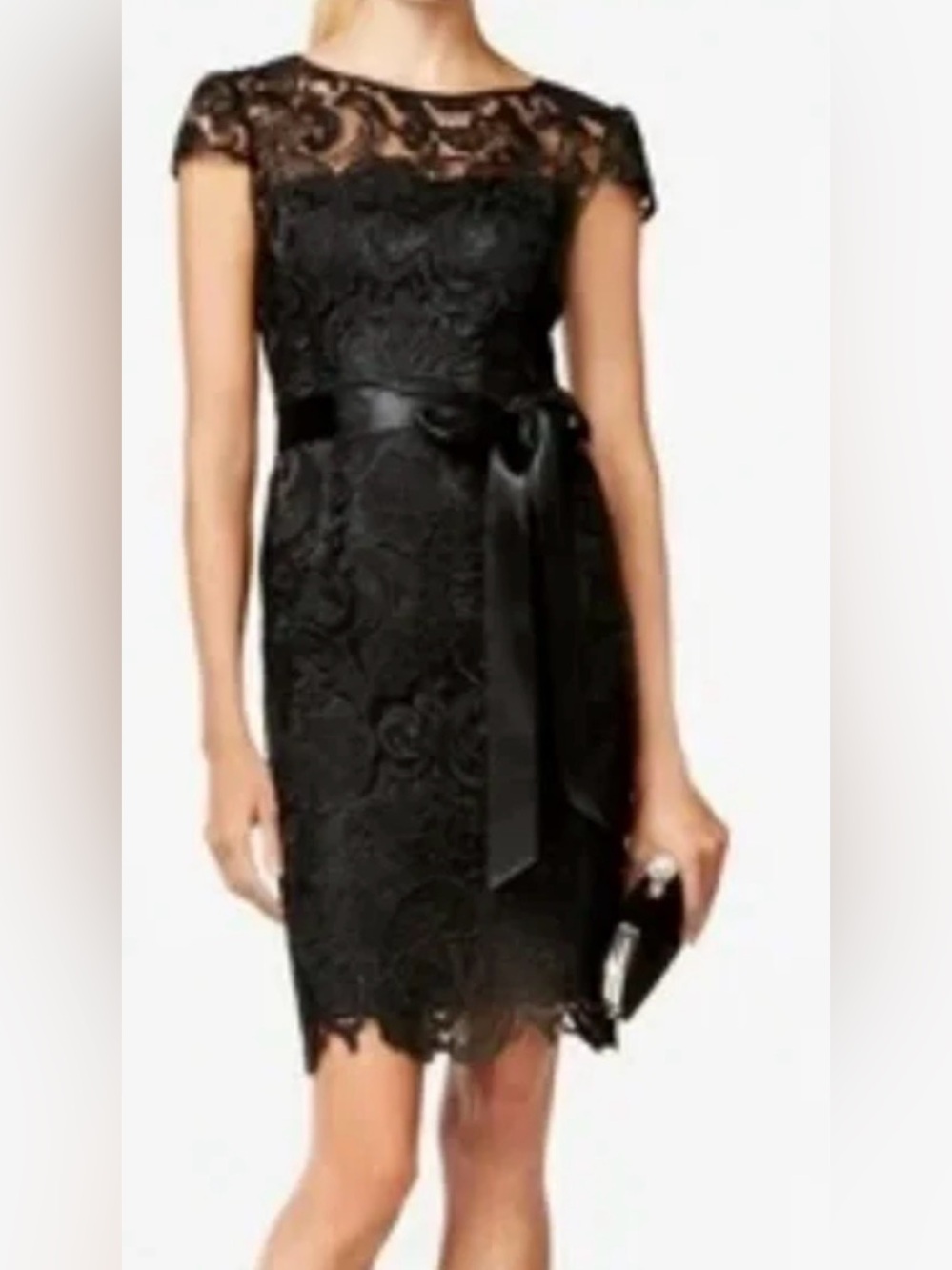 Adrianna Papell Black Lace Midi Dress with Satin Bow Size 2